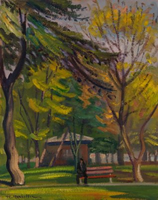 Thessaloniki Park near the White Tower — Oil painting, Fiberboard, 40.00×50.00cm — Theodoros Markellos